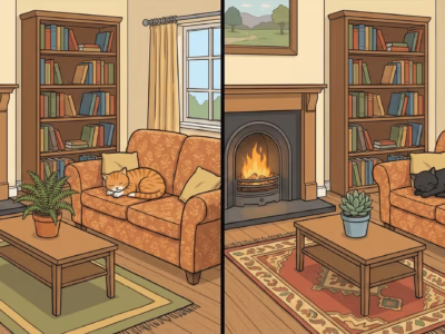 Test your observation skills with this free, mobile-friendly Spot the Differences game! Analyze the cozy living room scene to find 6 hidden changes, from the missing clock to the sleeping cat. Play instantly on phone or desktop—no download required.