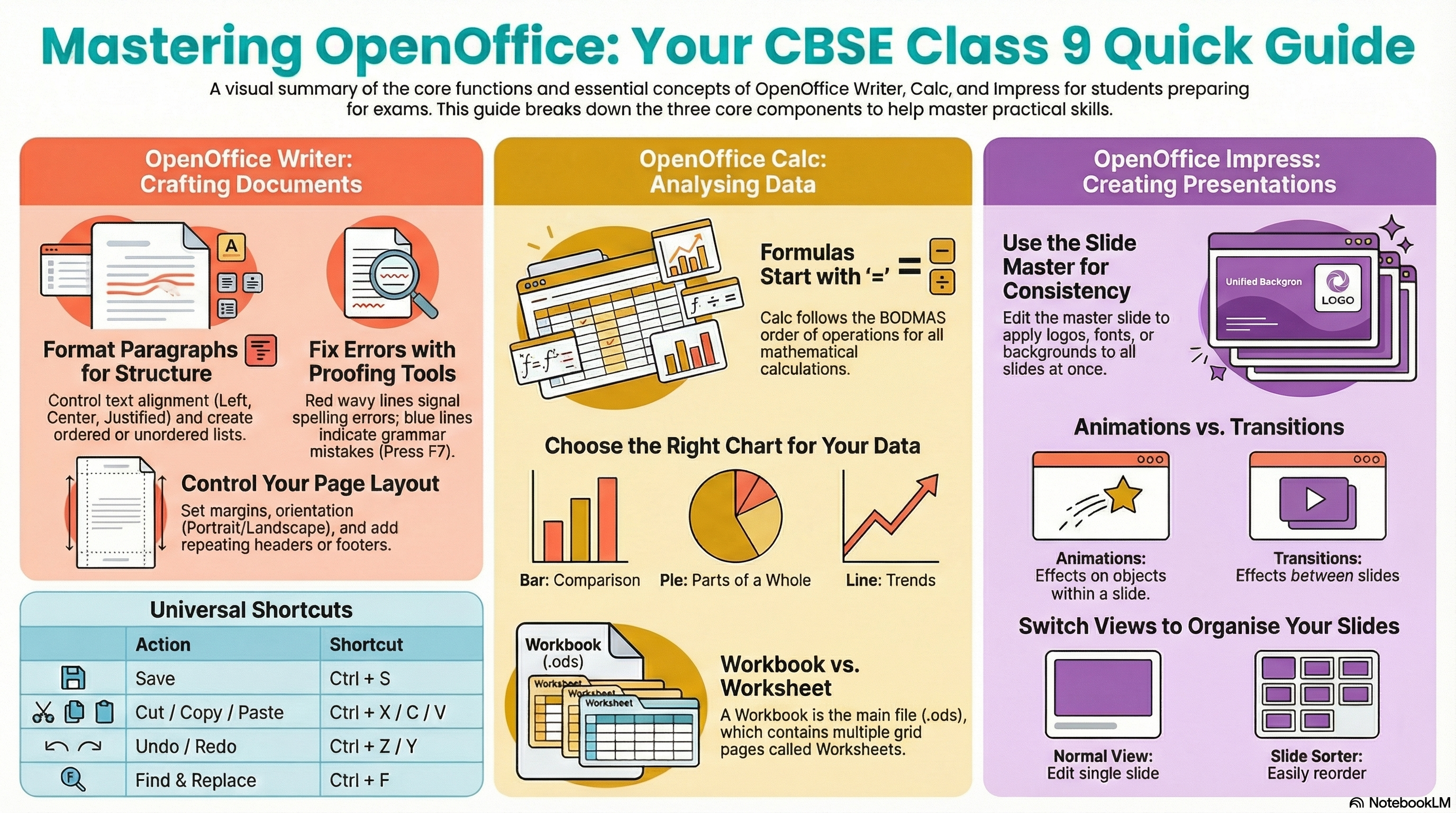 CBSE Class 9 Office Tools Notes (Unit 3) OpenOffice Writer, Calc & Impress Guide 2026 Infographic