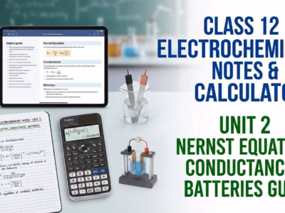 Class 12 Electrochemistry Notes & Calculator Unit 2 Nernst Equation, Conductance & Batteries Guide